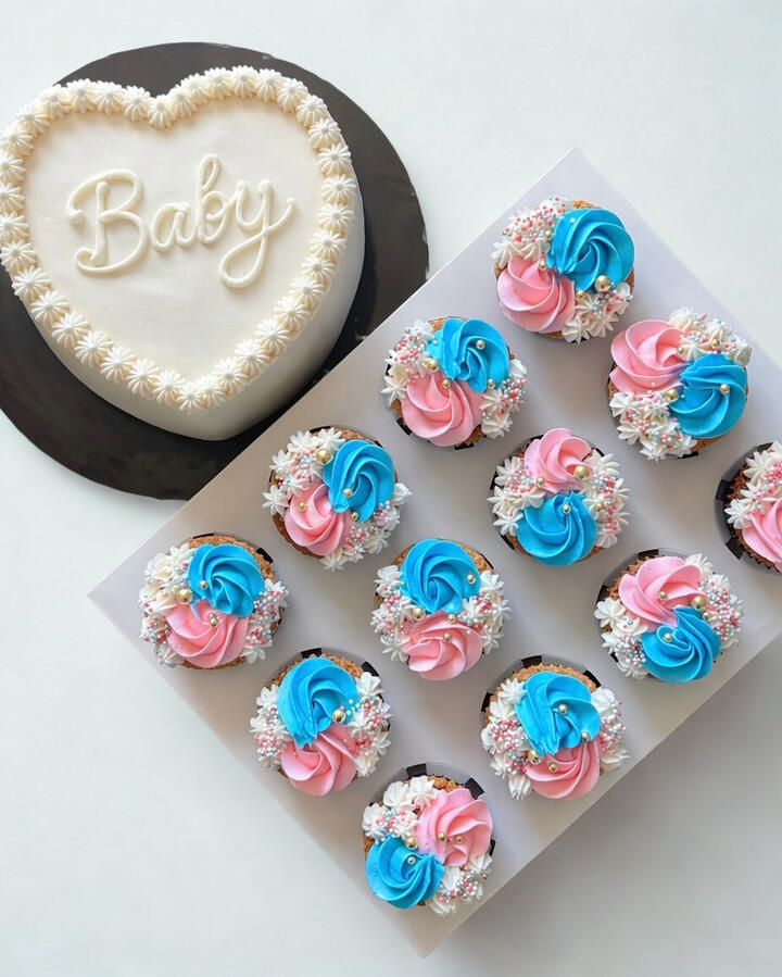 Gender Reveal ‘Baby’ Cake and Cupcakes Gender Reveal ‘Baby’ Cake and Cupcakes
